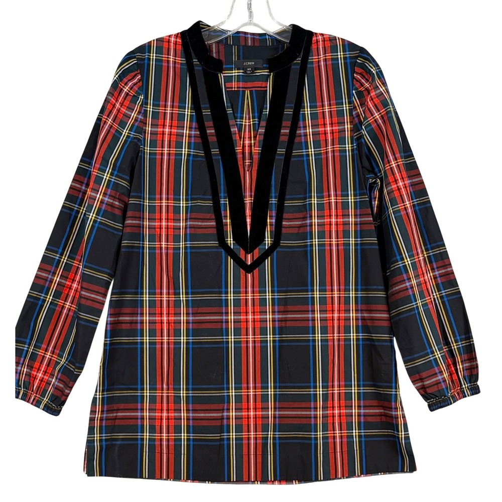 J.Crew Tartan Plaid Tunic Top XS Black Red Velvet Trim V-Neck Blouse Christmas